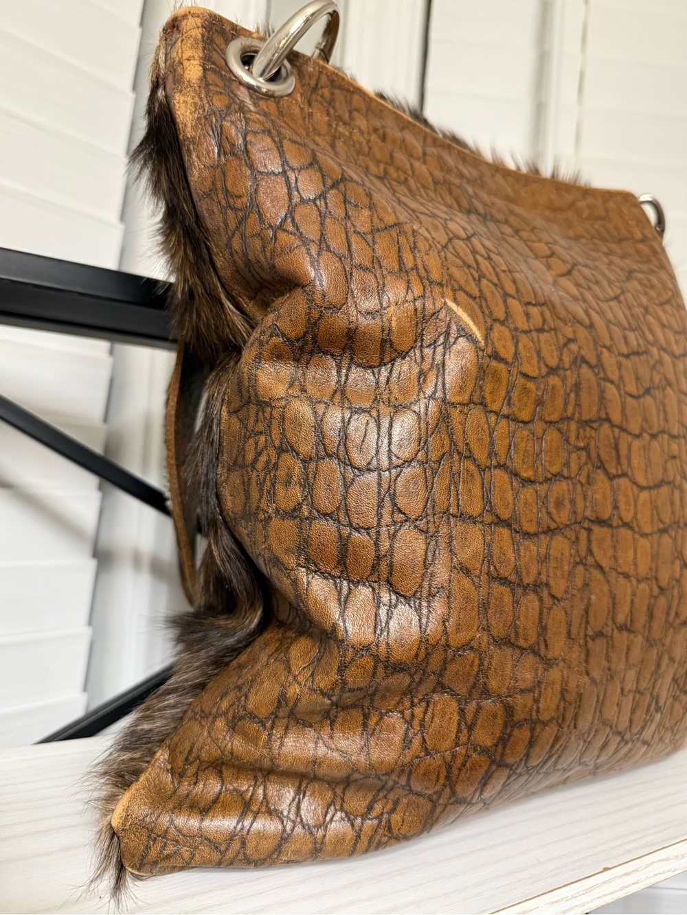 Faux Fur Brown Shoulder Bag with Turquoise Stone Accents - Picture 4 of 8